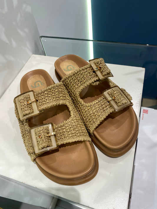 gold sandalo doppia fascia pelle e raffia