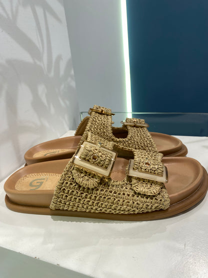 gold sandalo doppia fascia pelle e raffia