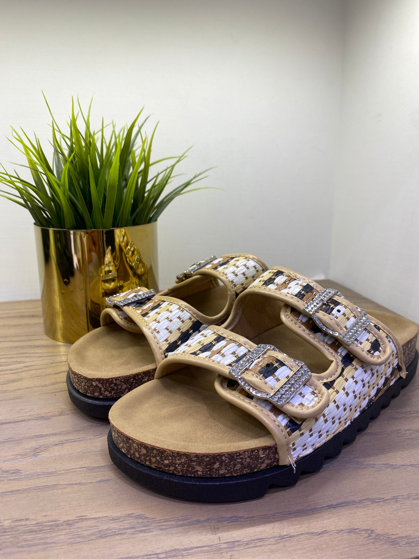 gold sandalo doppia fascia raffia