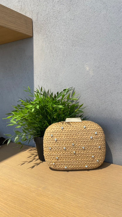 sara pochette raffia strass