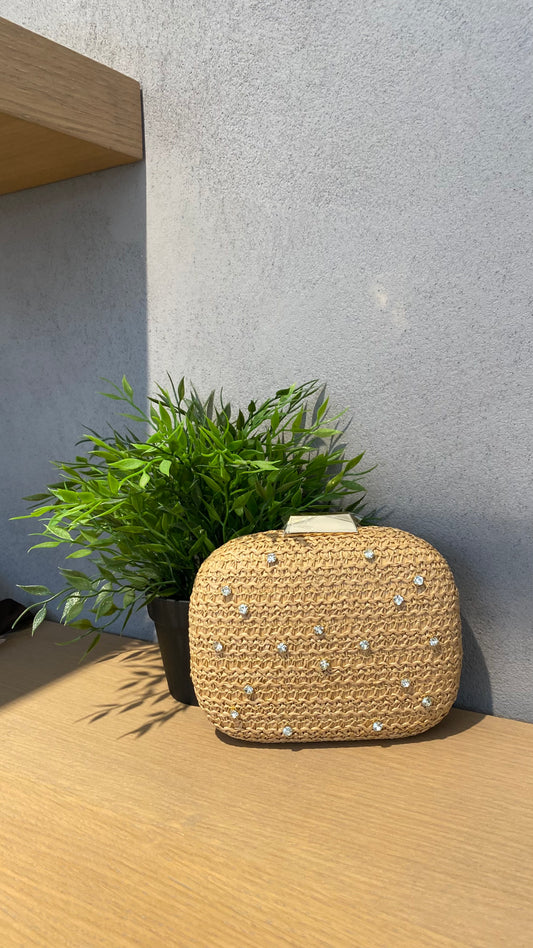 sara pochette raffia strass