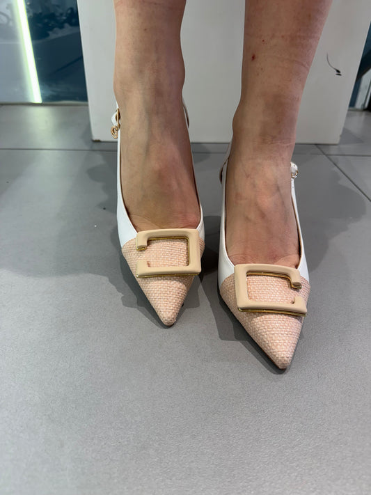 gold sling back punta raffia + dettaglio