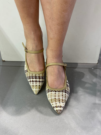 gold sling back raffia