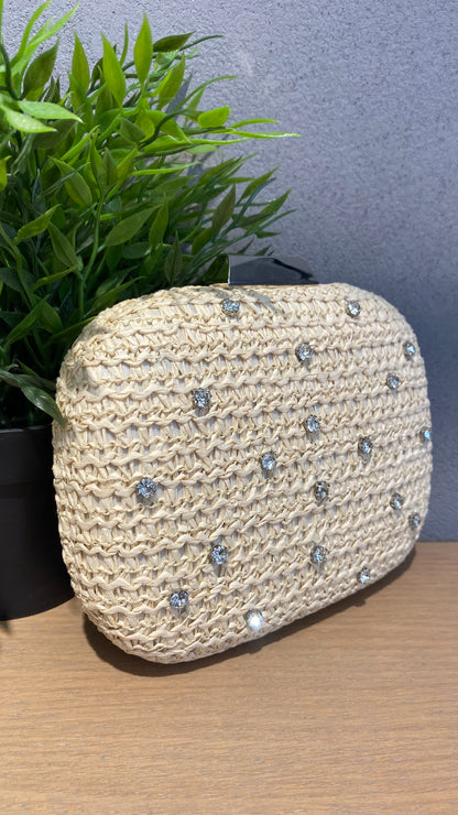 sara pochette raffia strass