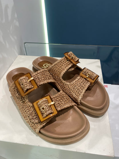gold sandalo doppia fascia pelle e raffia