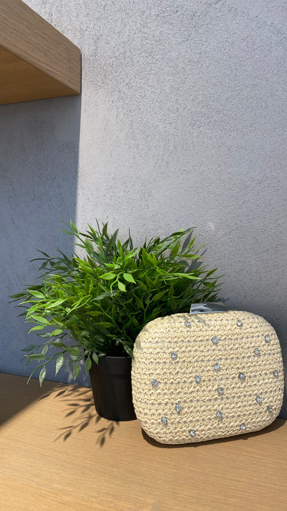 sara pochette raffia strass